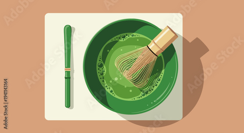 Traditional Matcha Tea Preparation: Whisking Green Powder in Bowl with Bamboo Chasen and Chashaku
