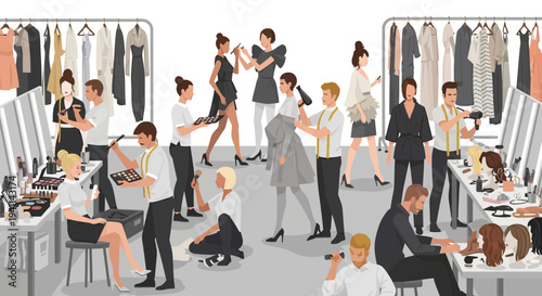 Busy backstage scene with models and stylists preparing for a fashion show.