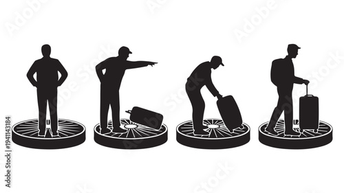 Traveler Man Airport Luggage Process Silhouette Vector Illustration