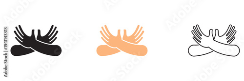 Three Hand Gesture Styles Vector. Set of three human hand gesture illustrations including solid silhouette, flat color skin tone, and outline style isolated on light background.