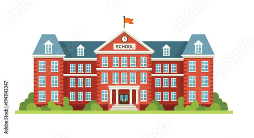 Classic red brick school building illustration with a clock and flag ready for student learning.