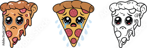 Sad Pepperoni Pizza Slice Characters with Big Eyes and Melty Cheese