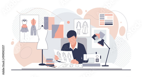 Fashion Designer at Work Creating New Designs and Garments.