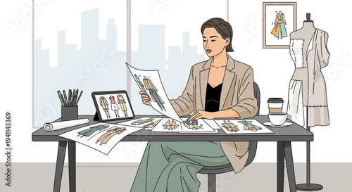 Fashion Designer at Work Reviewing Sketches and Designs.