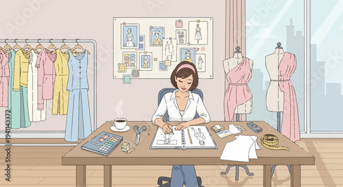 Fashion Designer at Work Sketching Designs in Her Studio.