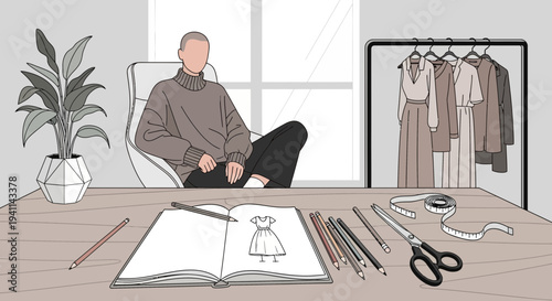 Fashion designer at work Sketching dress design in studio.