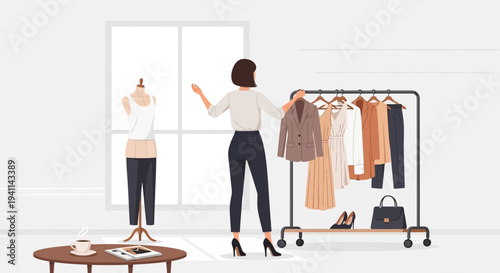 Fashion Designer at Work Styling Outfits and Mannequins.