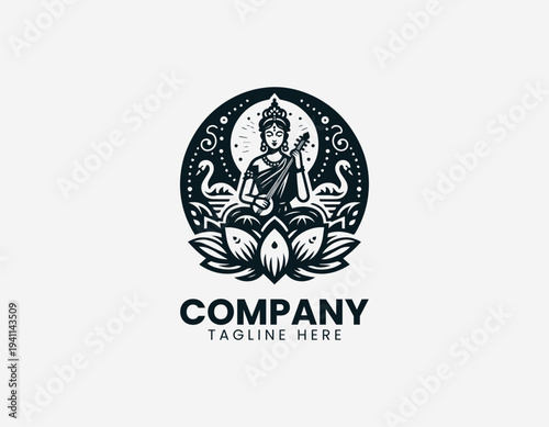 Seated female deity playing classical instrument on lotus with swan in clean modern cultural vector illustration