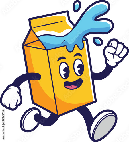 Cartoon milk carton character with a smiling face running and spilling blue liquid  happy juice box animation