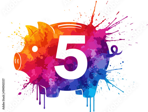 Colorful piggy bank with number five, vibrant paint splash design symbolizing savings, finance concept, creative money illustration isolated