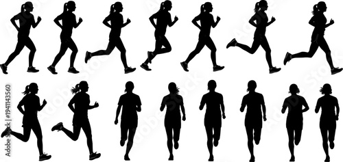 female running silhouette collection, woman runner jogging poses set fitness sport training icons isolated black vector illustration bundle