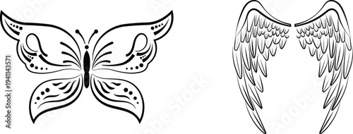 Stylized Butterfly and Angel Wings: Black and White Line Art Illustrations