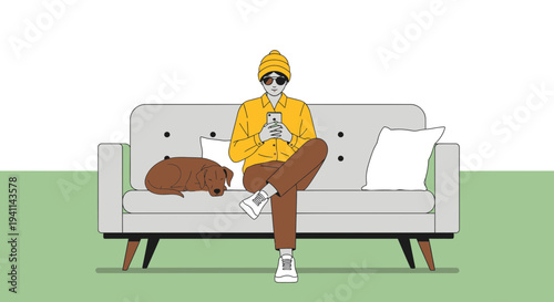 Person on Couch with Dog Using Phone Relaxed Indoor Scene.