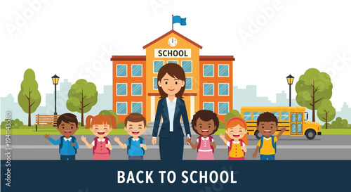 Cheerful teacher stands with happy diverse students waiting for the yellow school bus