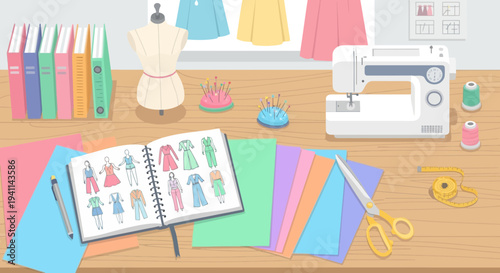 Sewing station with sketchbook machine and colorful fabric.