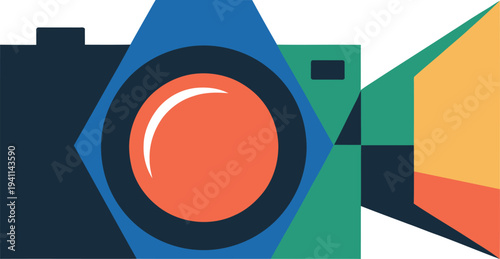 Geometric shapes form abstract camera with orange lens and blue body parts on white background