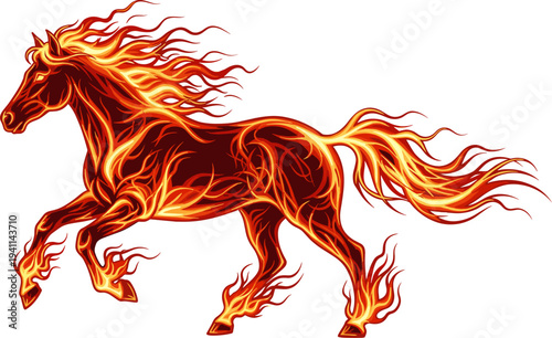 Flaming horse running with blazing fire mane, fantasy fire animal illustration, powerful burning stallion isolated on white background