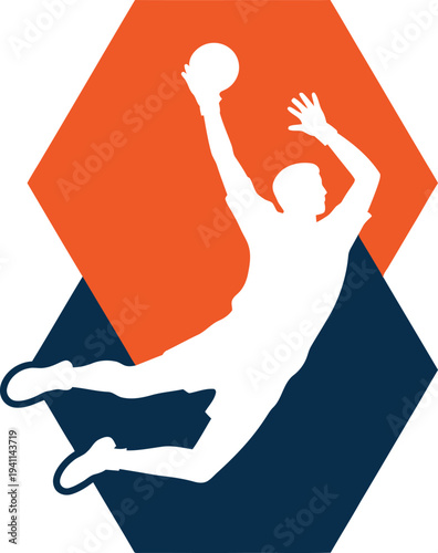 Silhouette of man jumping to hit a ball with one hand in front of orange and blue shapes