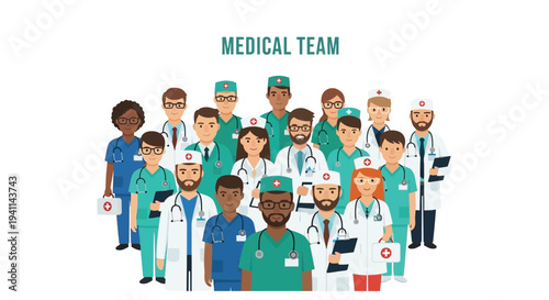 Diverse group of medical professionals standing together representing a dedicated healthcare team