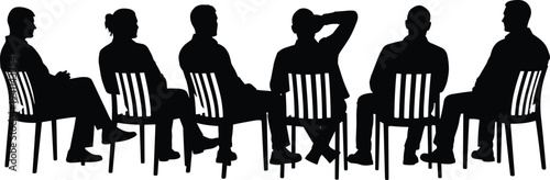 Black silhouettes of diverse people in professional business suits and casual summer clothing standing or sitting for corporate team projects