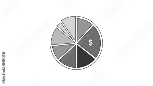 Linear design icon of a detailed pie chart with a dollar sign in one segment, representing financial allocation, budget distribution, or investment portfolio breakdown.