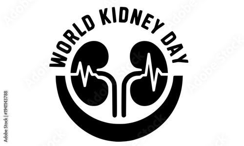 World Kidney Day black circular logo icon with kidney organs and heartbeat pulse line symbol for renal health awareness, medical campaign and disease prevention design