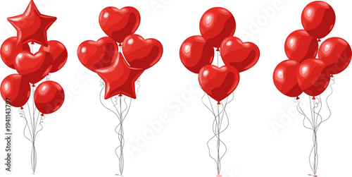 Red heart and star balloons bouquet collection, romantic party decoration illustration isolated on white background, celebration love festival design