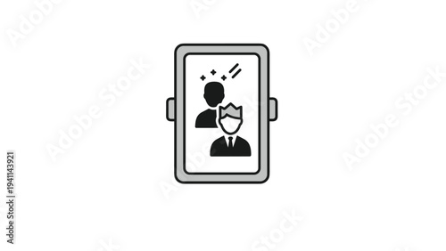 Linear design icon of a mirror reflecting a crowned person and another person with sparks, symbolizing self-transformation, personal development, or recognizing potential.
