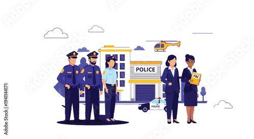 Law enforcement officers and federal agents standing united outside a modern police station building