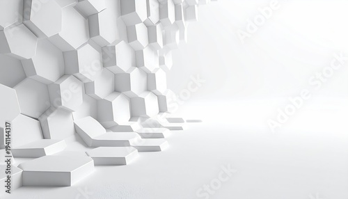 An abstract, minimalist composition featuring white, hexagonal shapes emerging from a side wall. The other side is blank