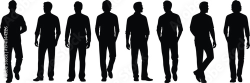 Casual men standing silhouettes set male people poses isolated black vector illustration human figures collection diverse adult characters