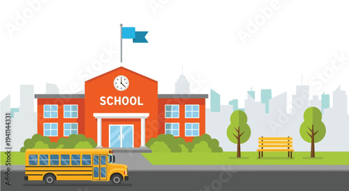 Yellow school bus drives past bright orange elementary building with city skyline background