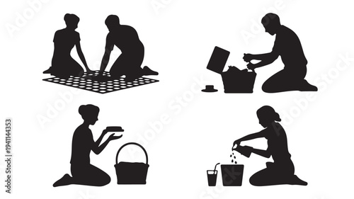 Picnic People Silhouettes Preparing Food and Drinks Outdoors Vector Set Isolated on White