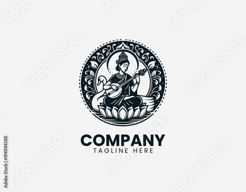 Seated female deity playing classical instrument on lotus with swan in clean modern cultural vector illustration