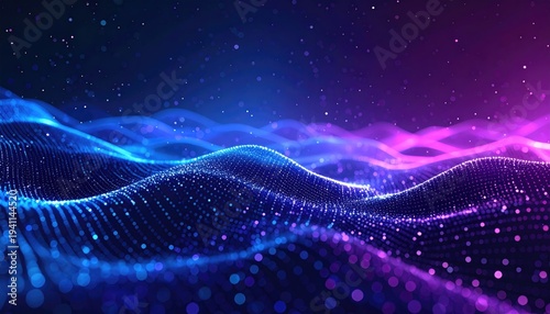 Digital, abstract representation featuring flowing, glowing waves composed of tiny dots in shades of blue and purple. Glittering light particles are scattered