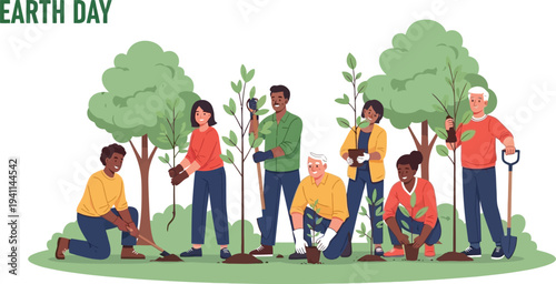 Diverse community group actively planting trees together for environmental protection and celebrating Earth Day, dedicated to fostering a greener planet.