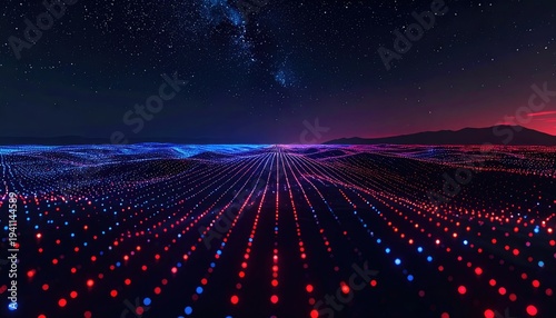 Digital landscape with glowing lines creating wavy terrain under a starry night sky. The scene is lit with gradients of blue and red