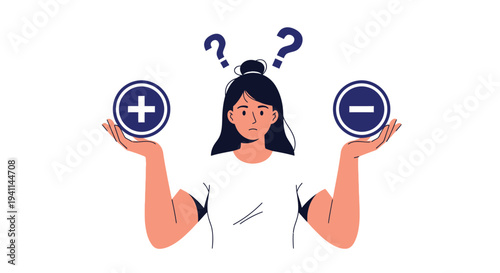 Confused woman weighing pros and cons symbolized by plus and minus signs above question marks