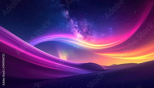 Digital painting features an abstract landscape with flowing, colorful light streams across a dark horizon with a starry night sky