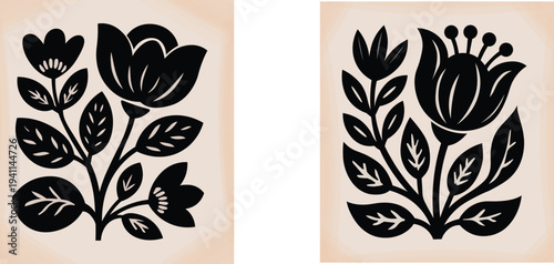 Black Silhouette Floral Art Prints: Two Stylized Flower Arrangements