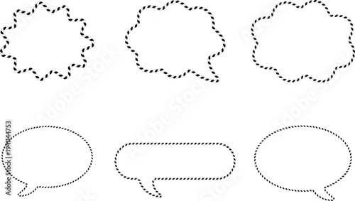 Collection of Six Black and White Rope-Style Speech Bubbles and Frames