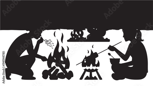 Primitive People Cooking Food Over Campfire Silhouette Vector