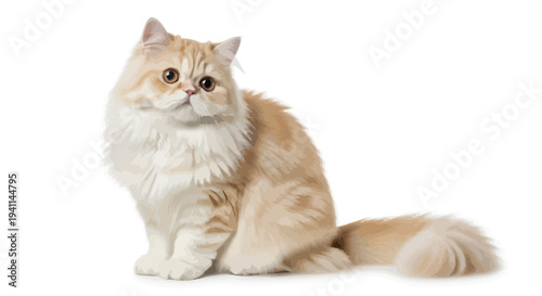 Adorable long haired ginger and white persian kitten with big eyes sitting patiently against a clean white background
