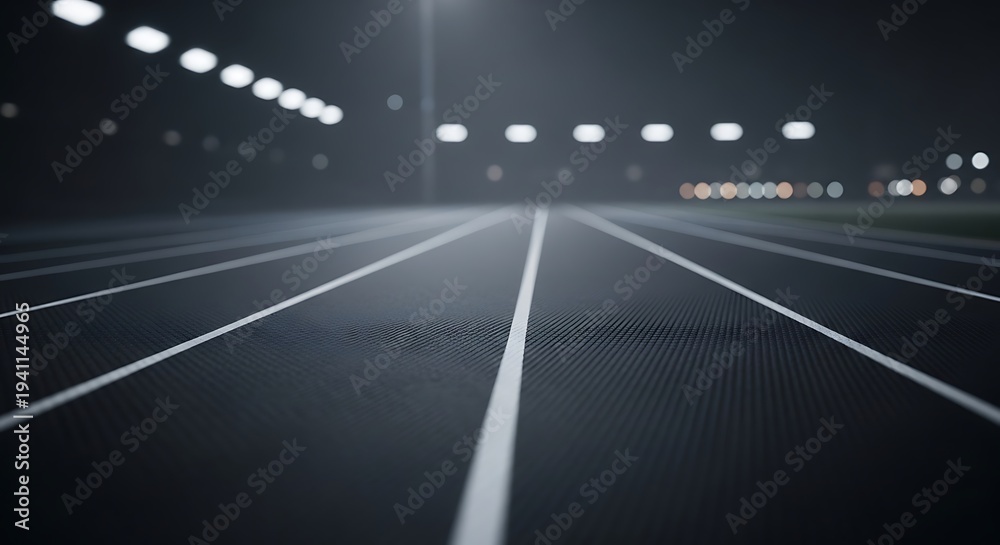Fototapeta premium Empty night racing track with bright overhead lights for high speed performance and automotive technology background