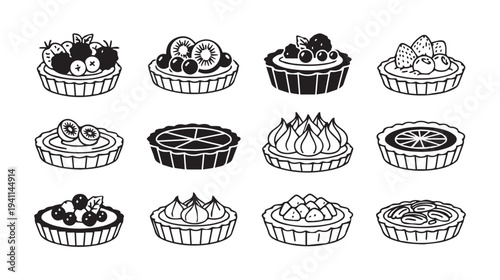 Assorted Fruit and Cream Tarts Collection Line Art Illustration