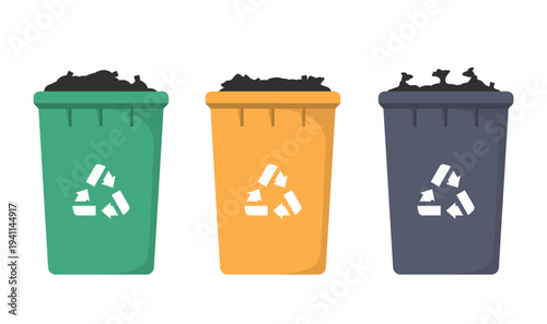 Three recycle bins in green, yellow and gray with recycling symbols, full of waste and garbage