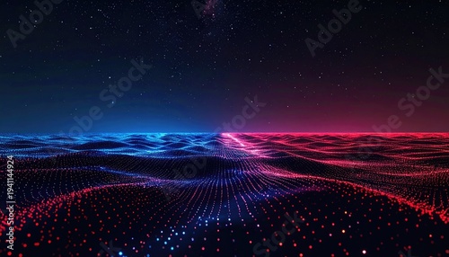 Digital waves undulate beneath a starry sky, split into cool blue and vibrant red sections. The abstract landscape suggests data flow