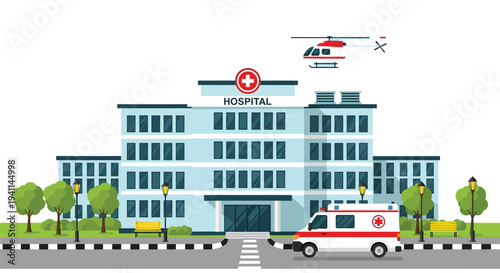 Modern hospital building illustration featuring emergency helicopter and ambulance response services