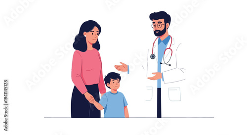 Kind male doctor consults with a mother and her young son during a routine pediatric check-up.