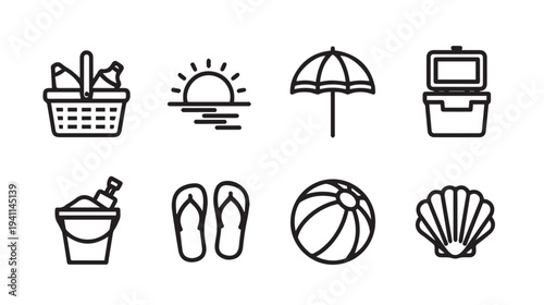 Beach Icons Set: Picnic Basket Sunrise Umbrella Cooler Sand Bucket Flip Flops Ball SeashellLine Art
